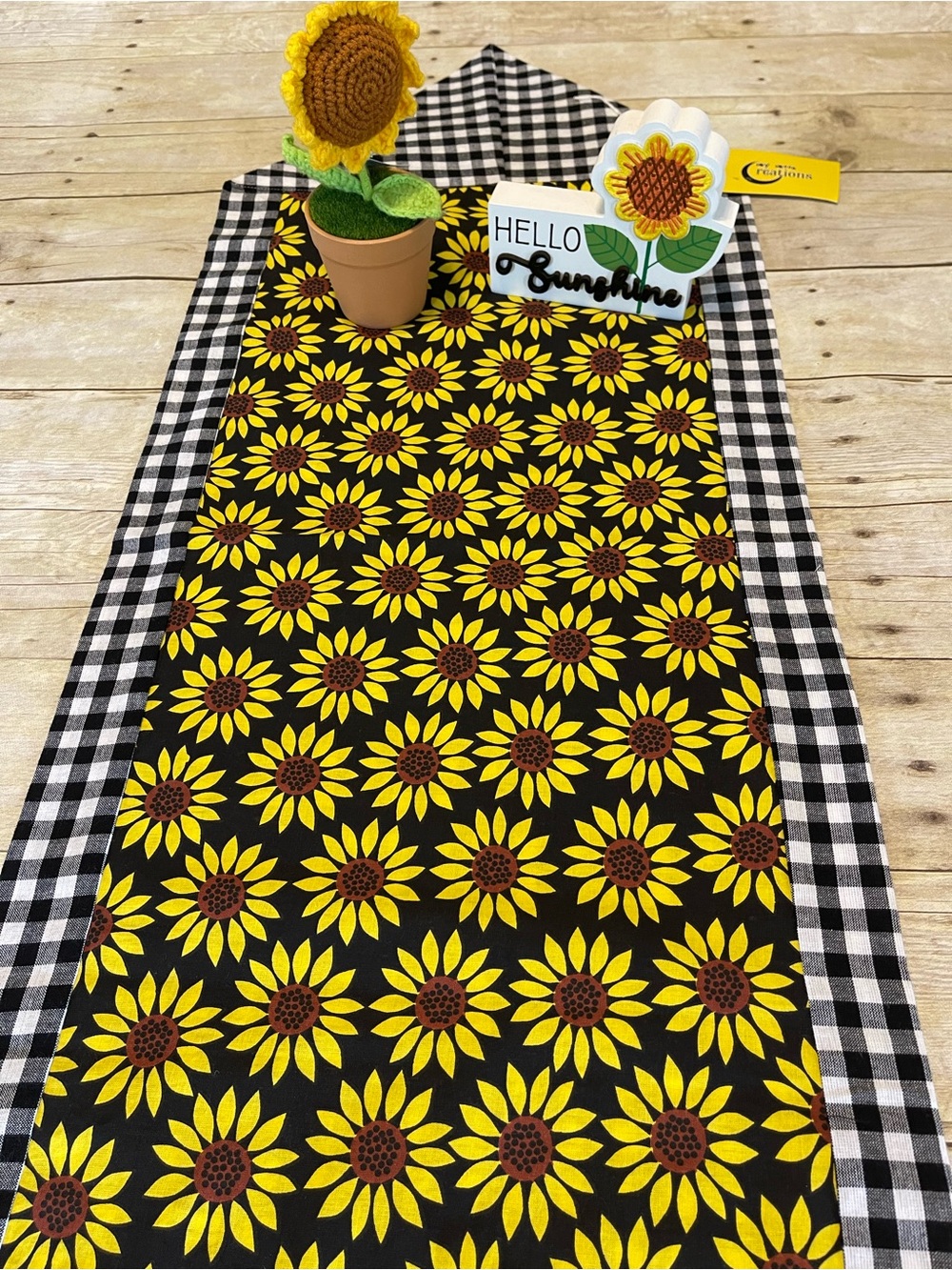 NEW Table Runner Sunflowers & Black Checkered Farmhouse  Decor Cotton Two Sides - Picture 6 of 10